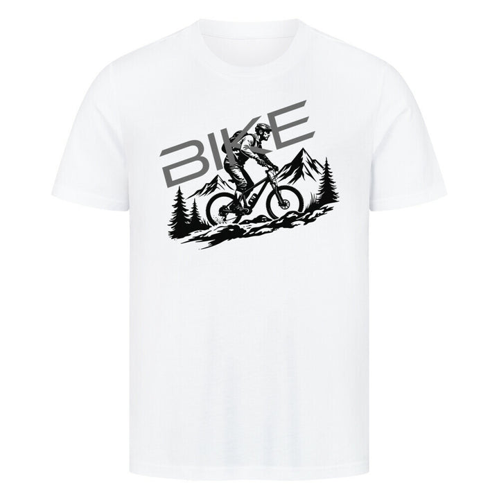 Mountainbike T-Shirt – MTB-Fahrer auf einem Trail, umgeben von Bergen & Wäldern – perfektes Shirt für Outdoor-Biker