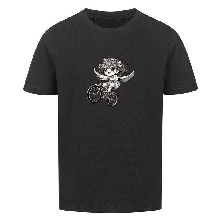 Bio-Kinder-T-Shirt mit einem süßen Manga-Mädchen, das mit Flügeln und Goggles auf einem fliegenden Fahrrad durch die Luft saust – nachhaltig & aus 100 % Bio-Baumwolle.
