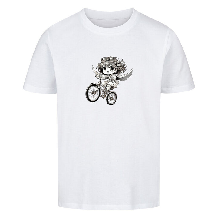 Bio-Kinder-T-Shirt mit einem süßen Manga-Mädchen, das mit Flügeln und Goggles auf einem fliegenden Fahrrad durch die Luft saust – nachhaltig & aus 100 % Bio-Baumwolle.