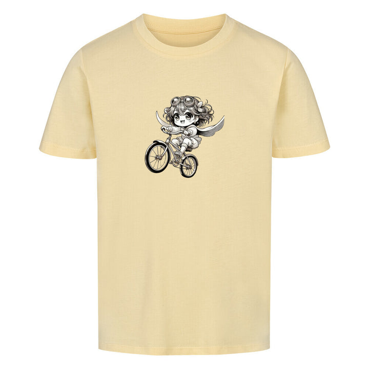 Bio-Kinder-T-Shirt mit einem süßen Manga-Mädchen, das mit Flügeln und Goggles auf einem fliegenden Fahrrad durch die Luft saust – nachhaltig & aus 100 % Bio-Baumwolle.