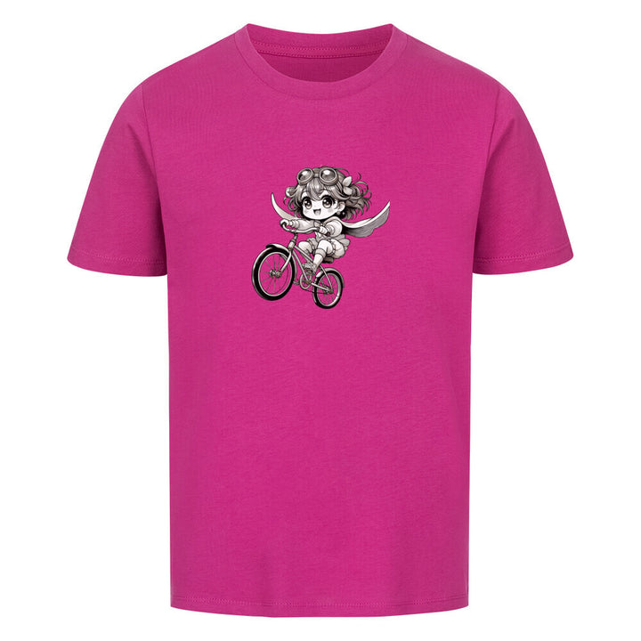 Bio-Kinder-T-Shirt mit einem süßen Manga-Mädchen, das mit Flügeln und Goggles auf einem fliegenden Fahrrad durch die Luft saust – nachhaltig & aus 100 % Bio-Baumwolle.