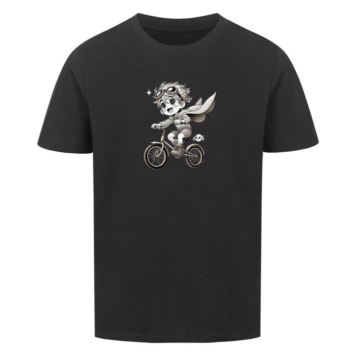 schwarzes T-Shirt mit süßem Cartoon-Design: Kind mit Fliegerbrille auf einem Fahrrad