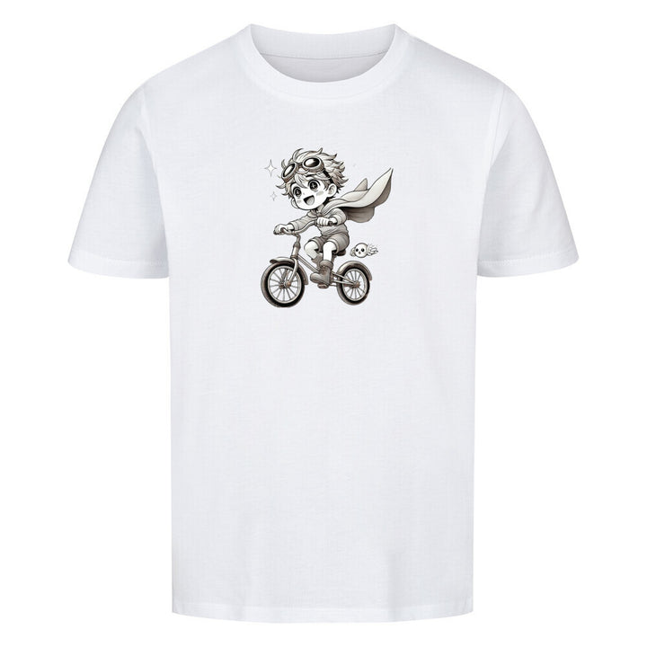 Weißes T-Shirt mit süßem Cartoon-Design: Kind mit Fliegerbrille auf einem Fahrrad