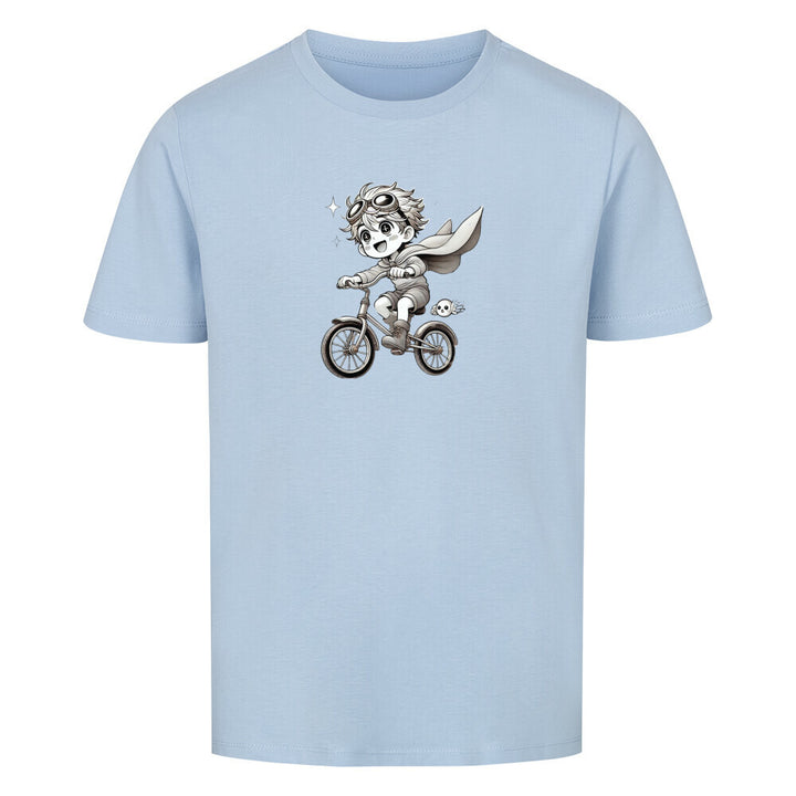 hell blaues T-Shirt mit süßem Cartoon-Design: Kind mit Fliegerbrille auf einem Fahrrad