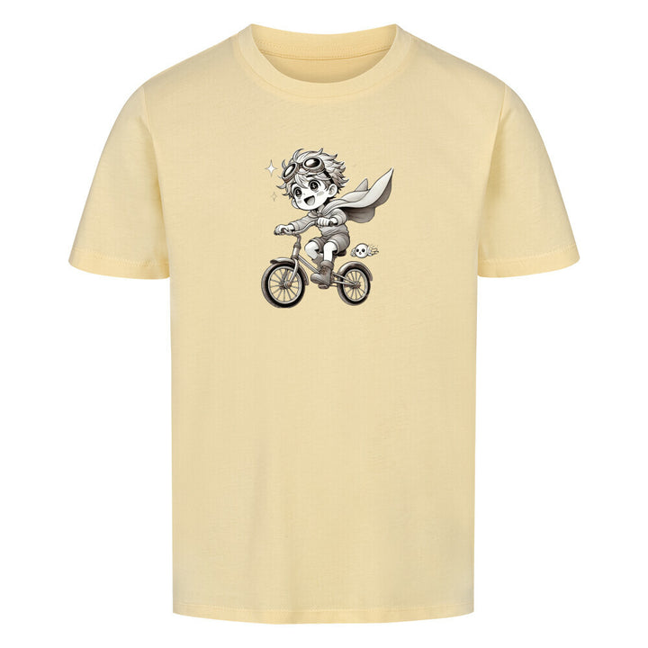 beiges T-Shirt mit süßem Cartoon-Design: Kind mit Fliegerbrille auf einem Fahrrad