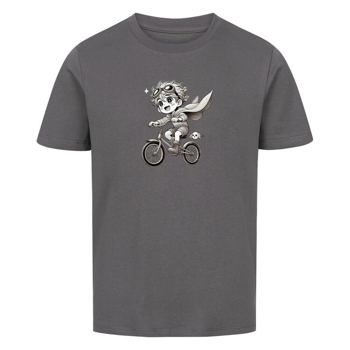 graues T-Shirt mit süßem Cartoon-Design: Kind mit Fliegerbrille auf einem Fahrrad