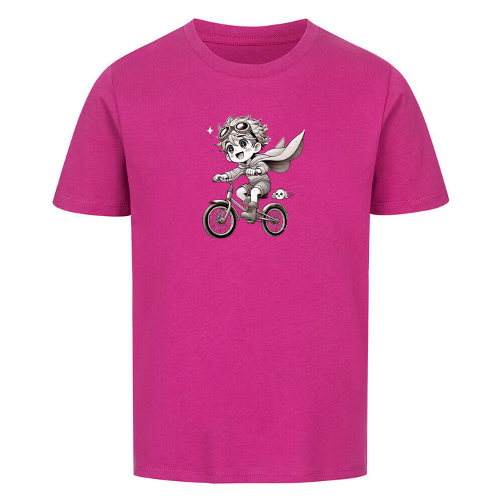 Rosa T-Shirt mit süßem Cartoon-Design: Kind mit Fliegerbrille auf einem Fahrrad