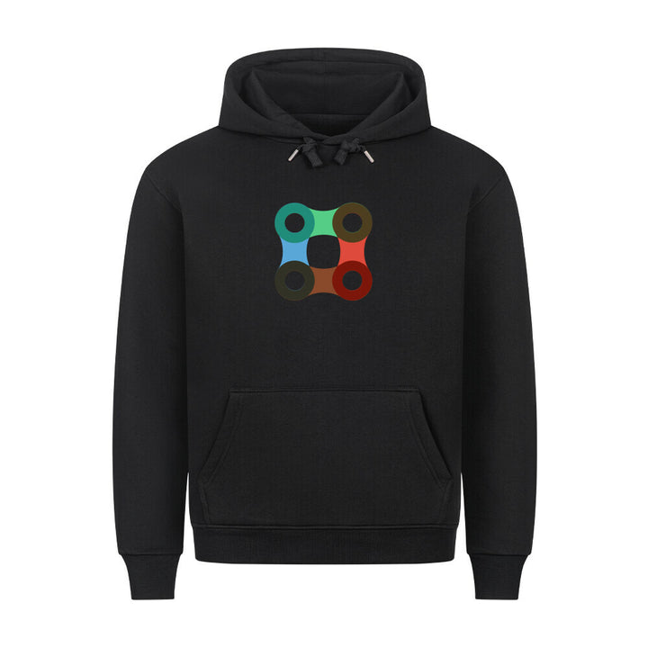 Hoodie mit Fahrradketten-Viereck in Grün-Blau-Rot-Braun – Minimalistisches Bike-Design
