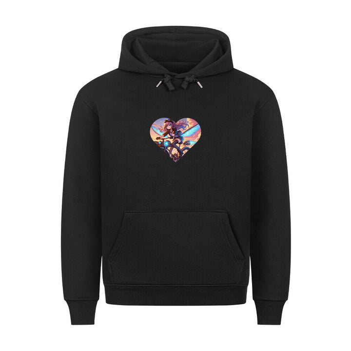 Hoodie mit Anime-Girl auf Jet-Fahrrad – futuristisches Manga-Design in Herzform