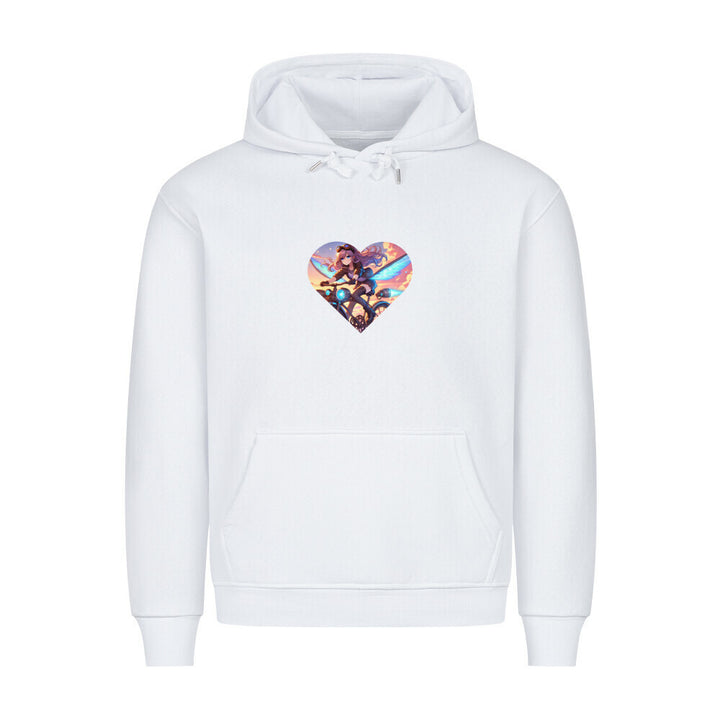 Hoodie mit Anime-Girl auf Jet-Fahrrad – futuristisches Manga-Design in Herzform