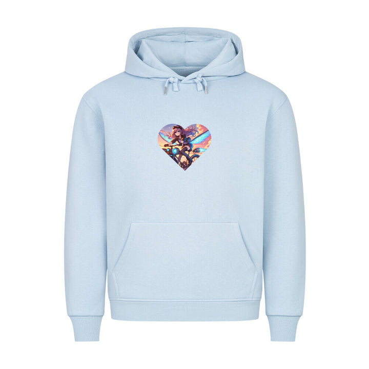 Hoodie mit Anime-Girl auf Jet-Fahrrad – futuristisches Manga-Design in Herzform