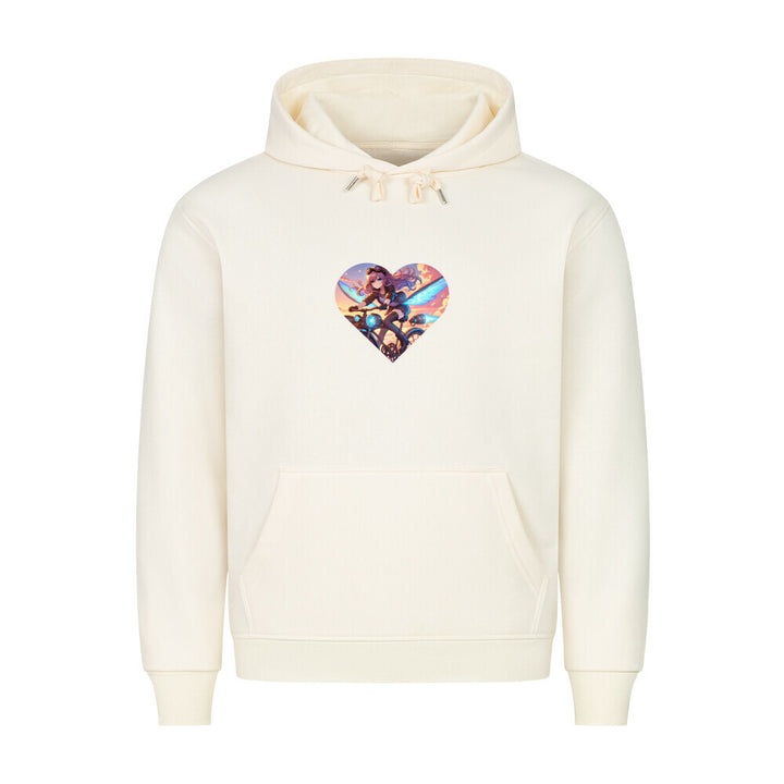 Hoodie mit Anime-Girl auf Jet-Fahrrad – futuristisches Manga-Design in Herzform