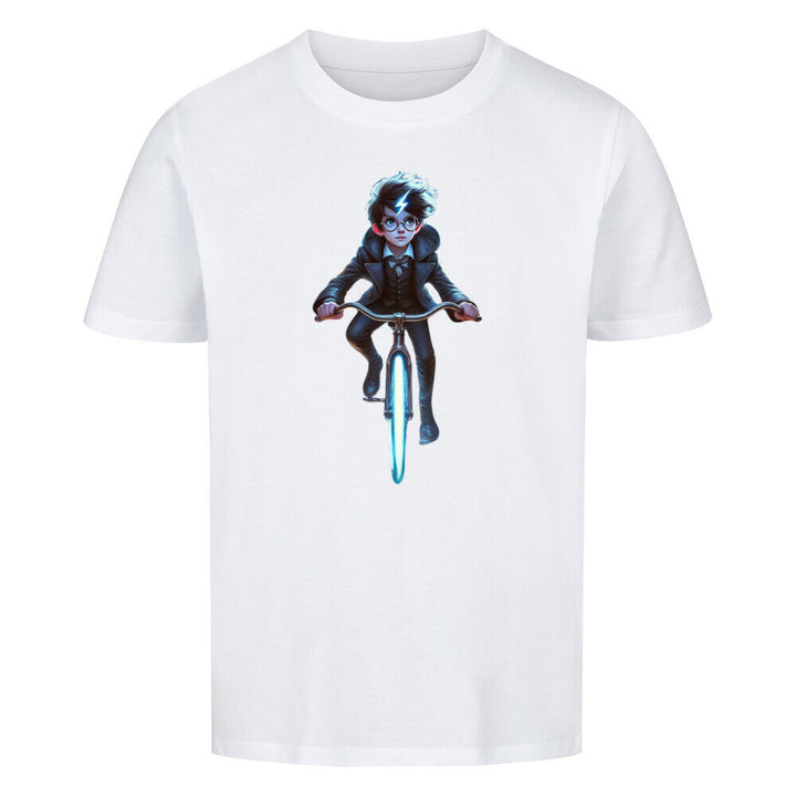 Ein magisches Kinder-T-Shirt für kleine Zauberlehrlinge! Ein Junge mit runder Brille, Blitznarbe und einem leuchtenden Fahrrad – perfekt für Fans geheimnisvoller Abenteuer.
