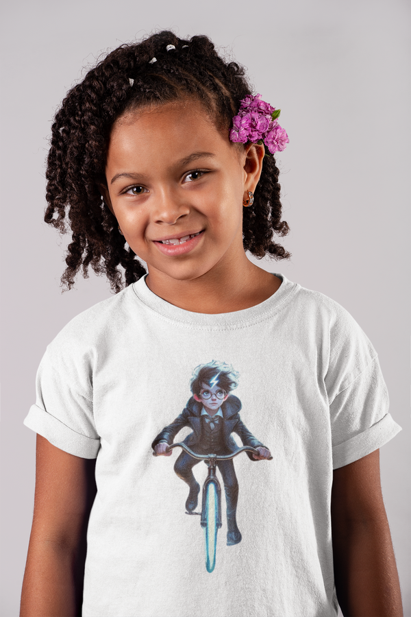 Ein magisches Kinder-T-Shirt für kleine Zauberlehrlinge! Ein Junge mit runder Brille, Blitznarbe und einem leuchtenden Fahrrad – perfekt für Fans geheimnisvoller Abenteuer.