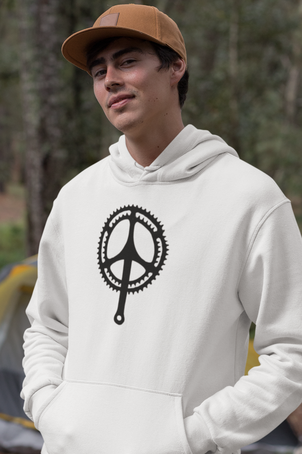 Peace Chainring Hoodie – Fahrrad-Kapuzenpullover mit Zahnkranz-Peace-Zeichen in Weiß