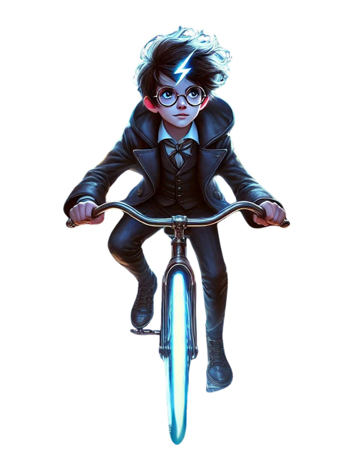 Ein magisches Kinder-T-Shirt für kleine Zauberlehrlinge! Ein Junge mit runder Brille, Blitznarbe und einem leuchtenden Fahrrad – perfekt für Fans geheimnisvoller Abenteuer.