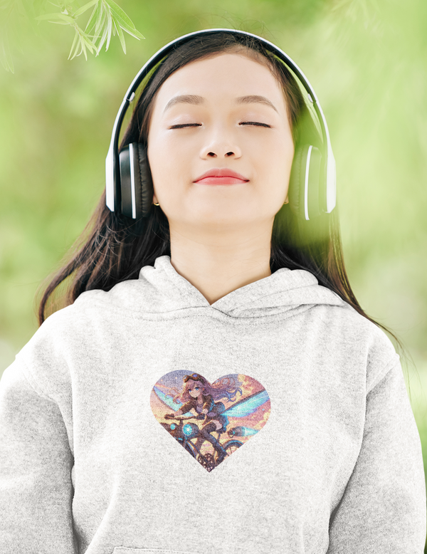 Hoodie mit Anime-Girl auf Jet-Fahrrad – futuristisches Manga-Design in Herzform
