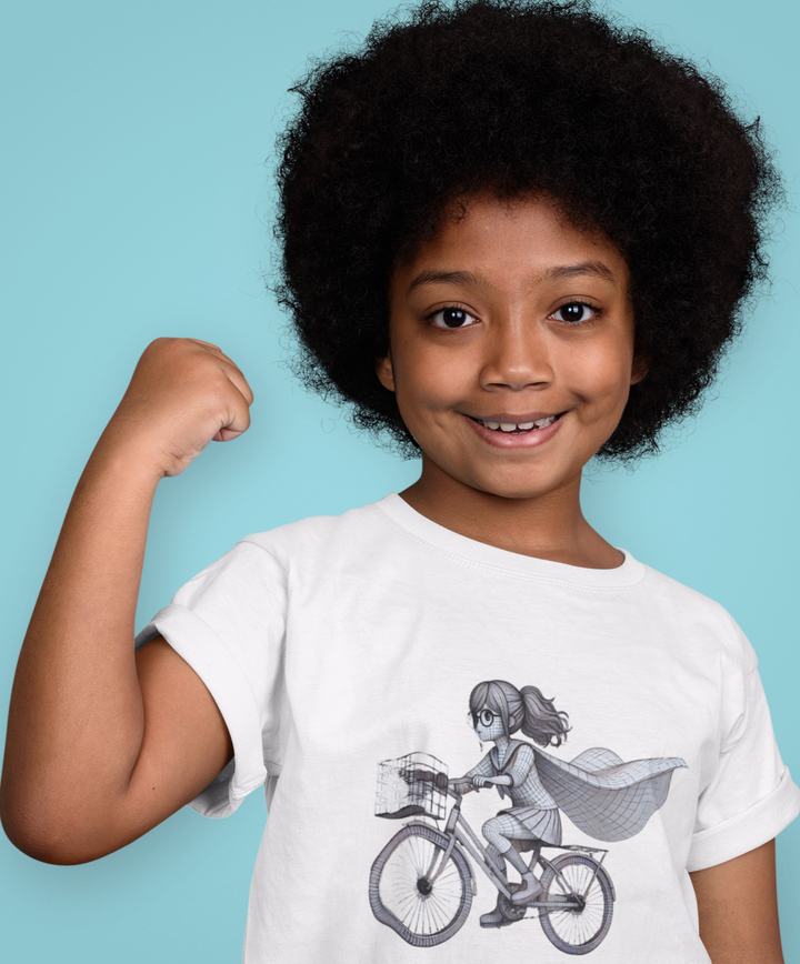 Bio-Kinder-T-Shirt – Fahrradheldin mit Cape, nachhaltige Baumwolle für kleine Radfahrer:innen & Abenteurer:innen
